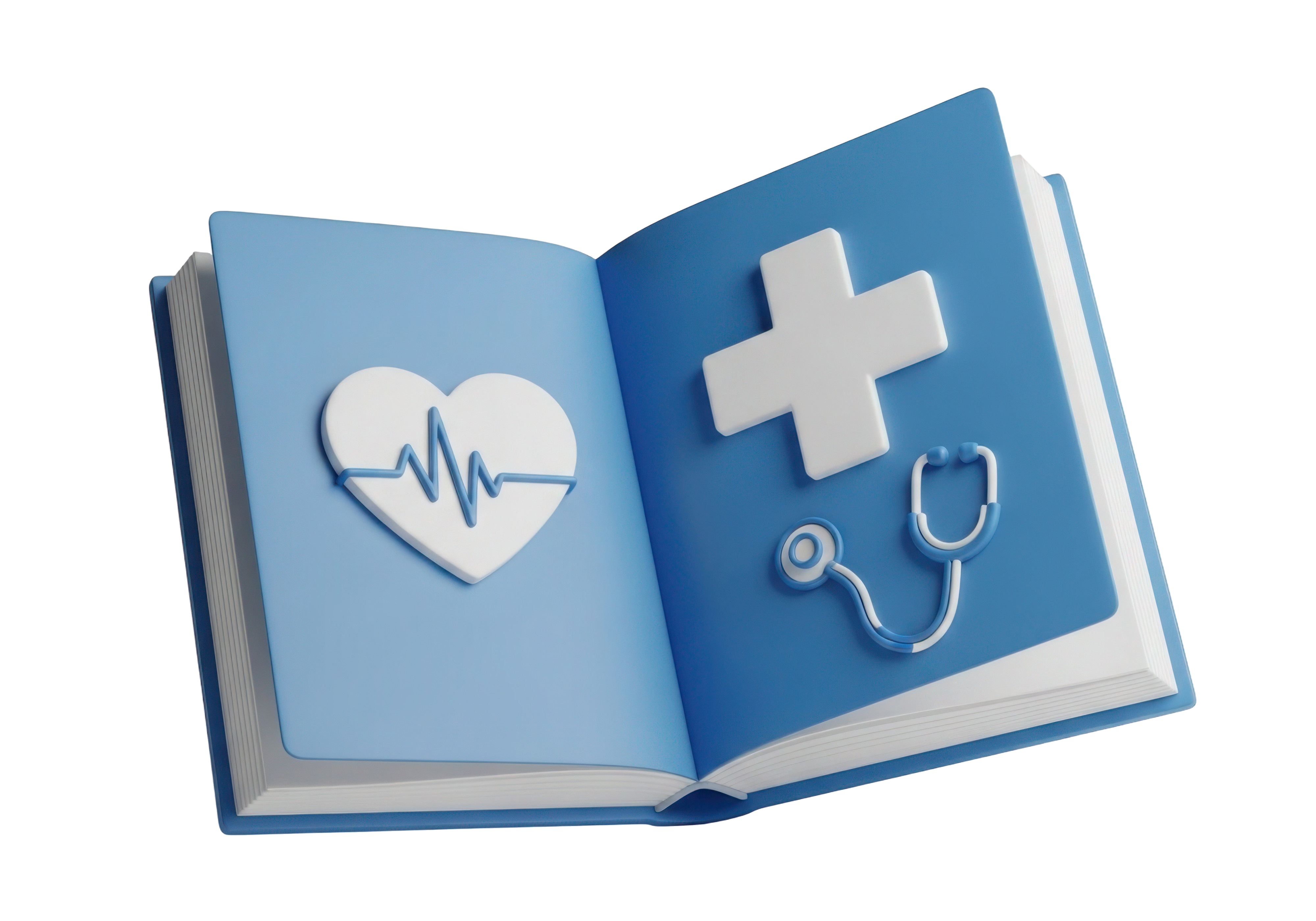 Open medical book illustration with heart, medical cross and stethoscope