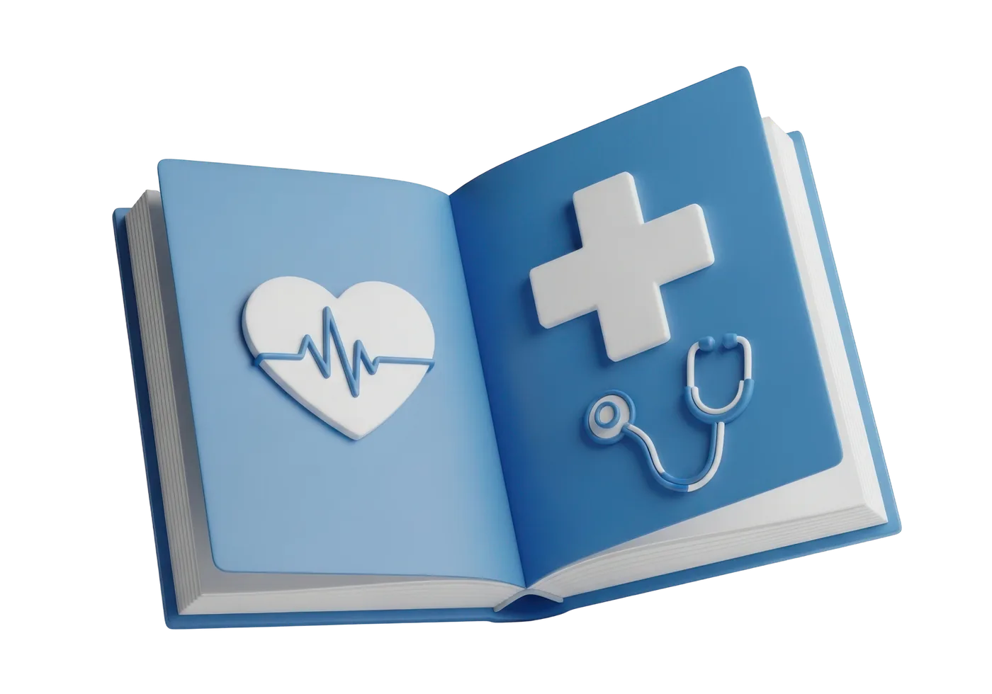 Open medical book illustration with heart, medical cross and stethoscope